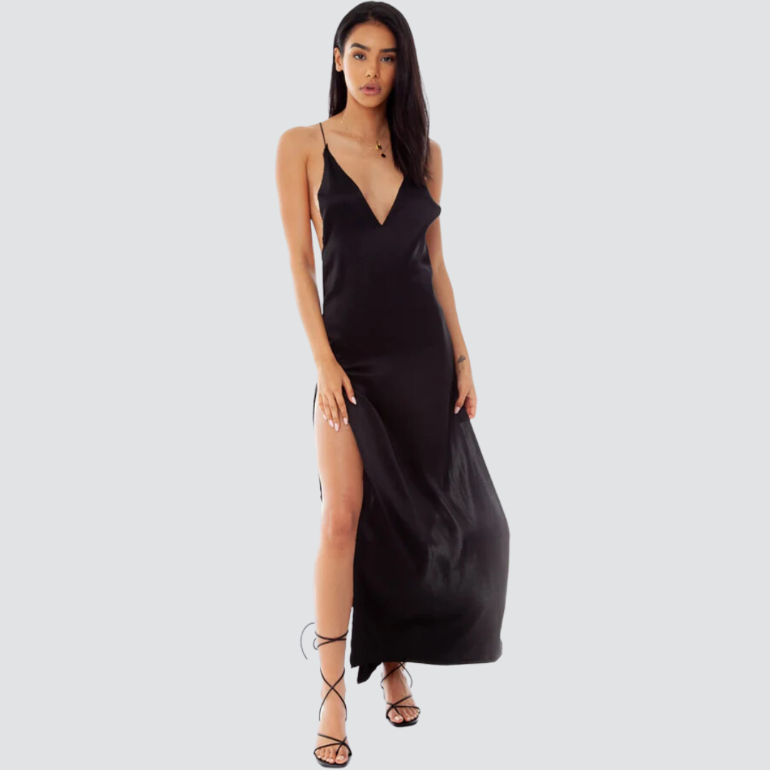 Vestido Maxi Slip com fenda alta e decote em V BackLess - Preto