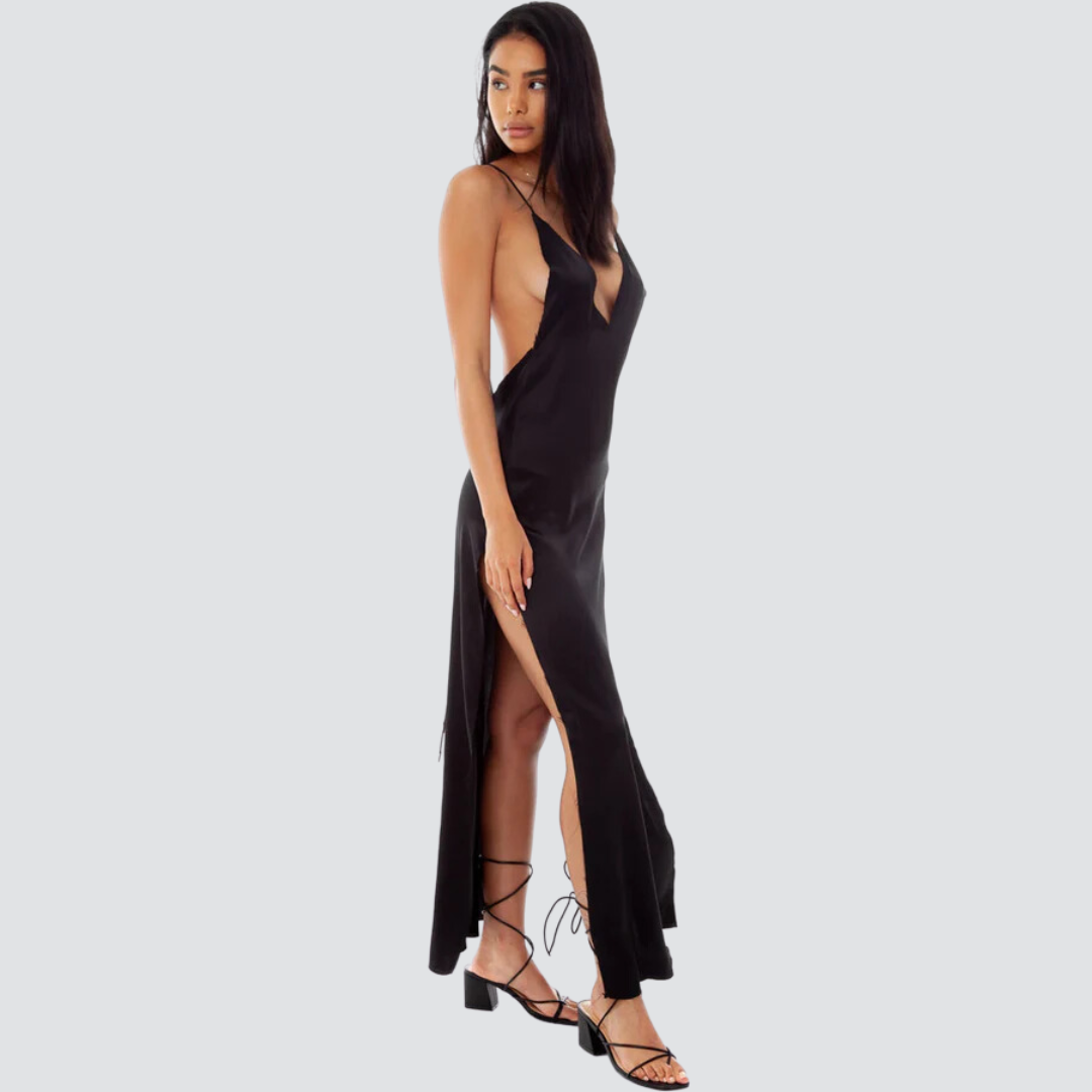 Vestido Maxi Slip com fenda alta e decote em V BackLess - Preto