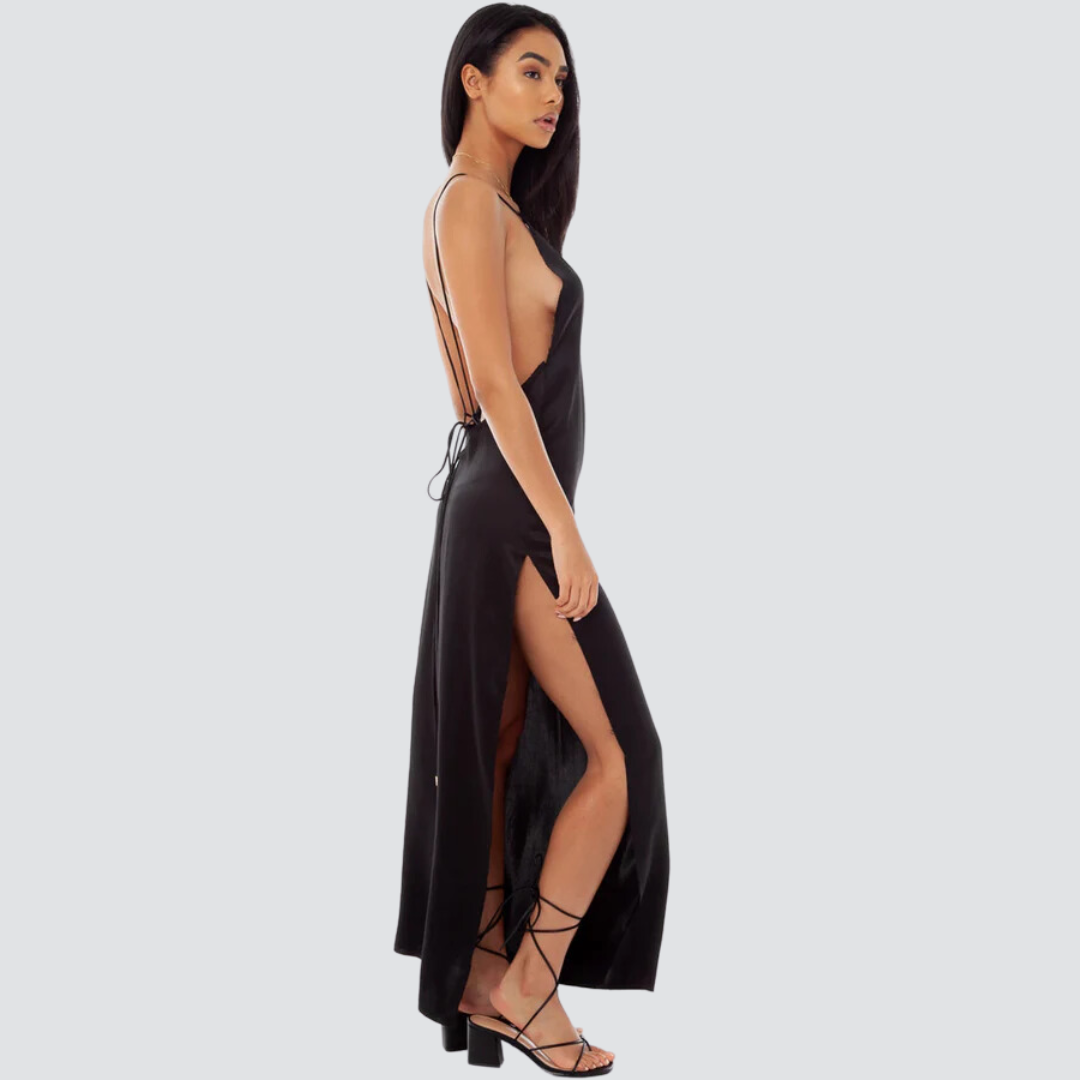 Vestido Maxi Slip com fenda alta e decote em V BackLess - Preto