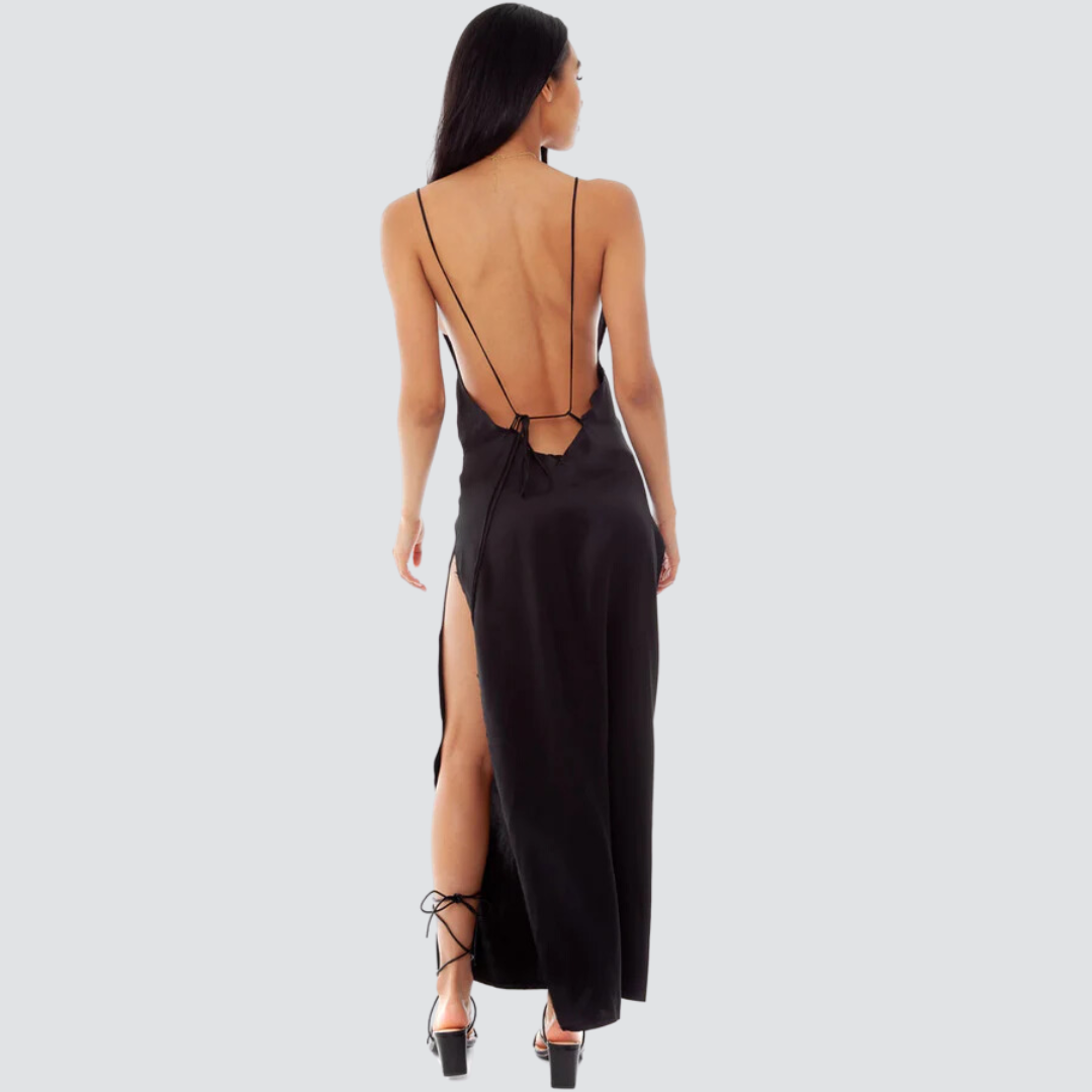 Vestido Maxi Slip com fenda alta e decote em V BackLess - Preto